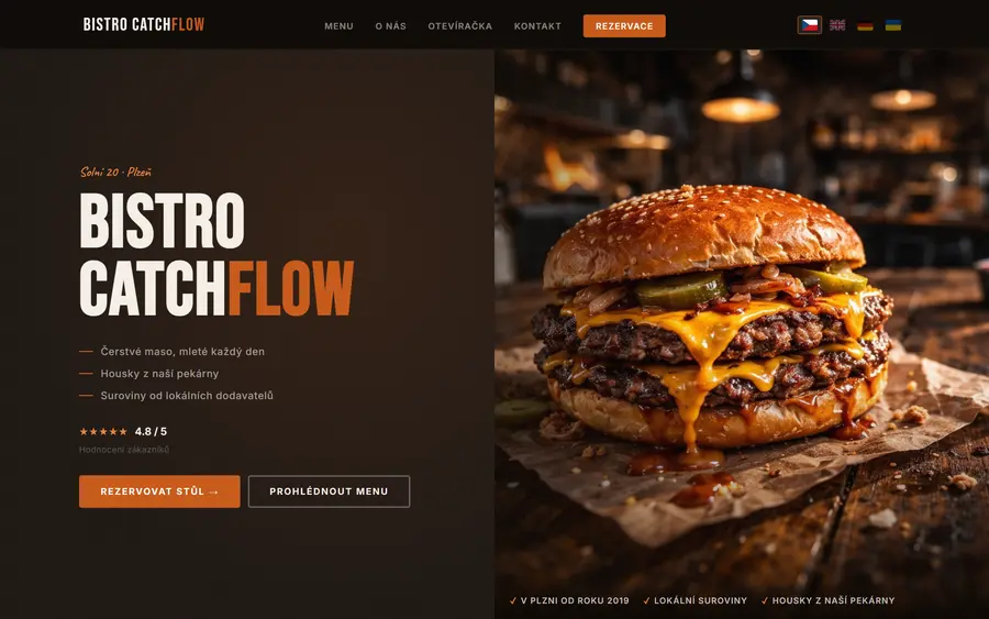Úvodní obrazovka ukázkového webu pro restauraci a bistro
