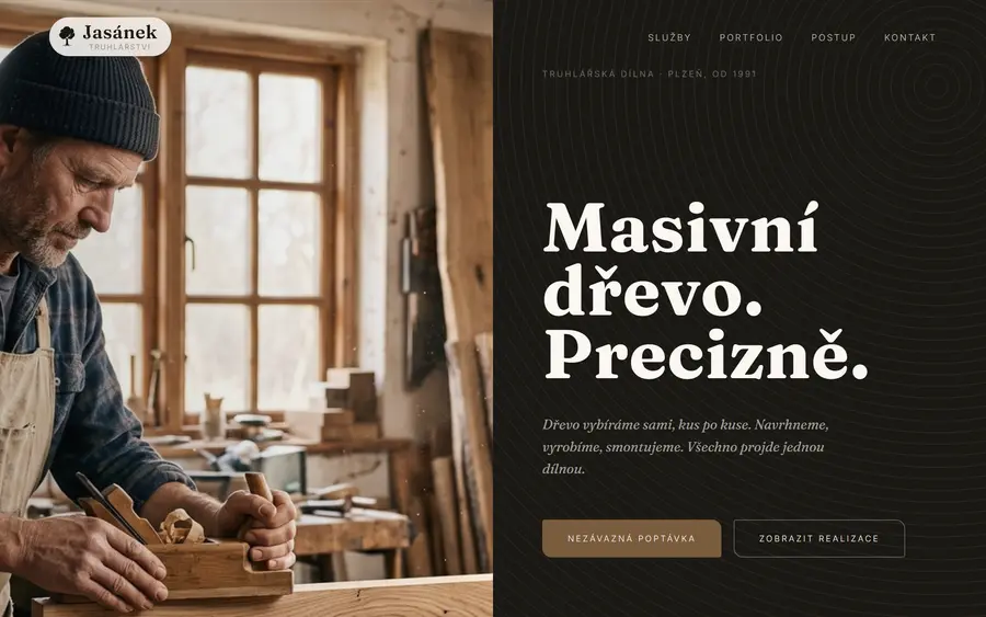 Úvodní obrazovka ukázkového webu pro truhláře