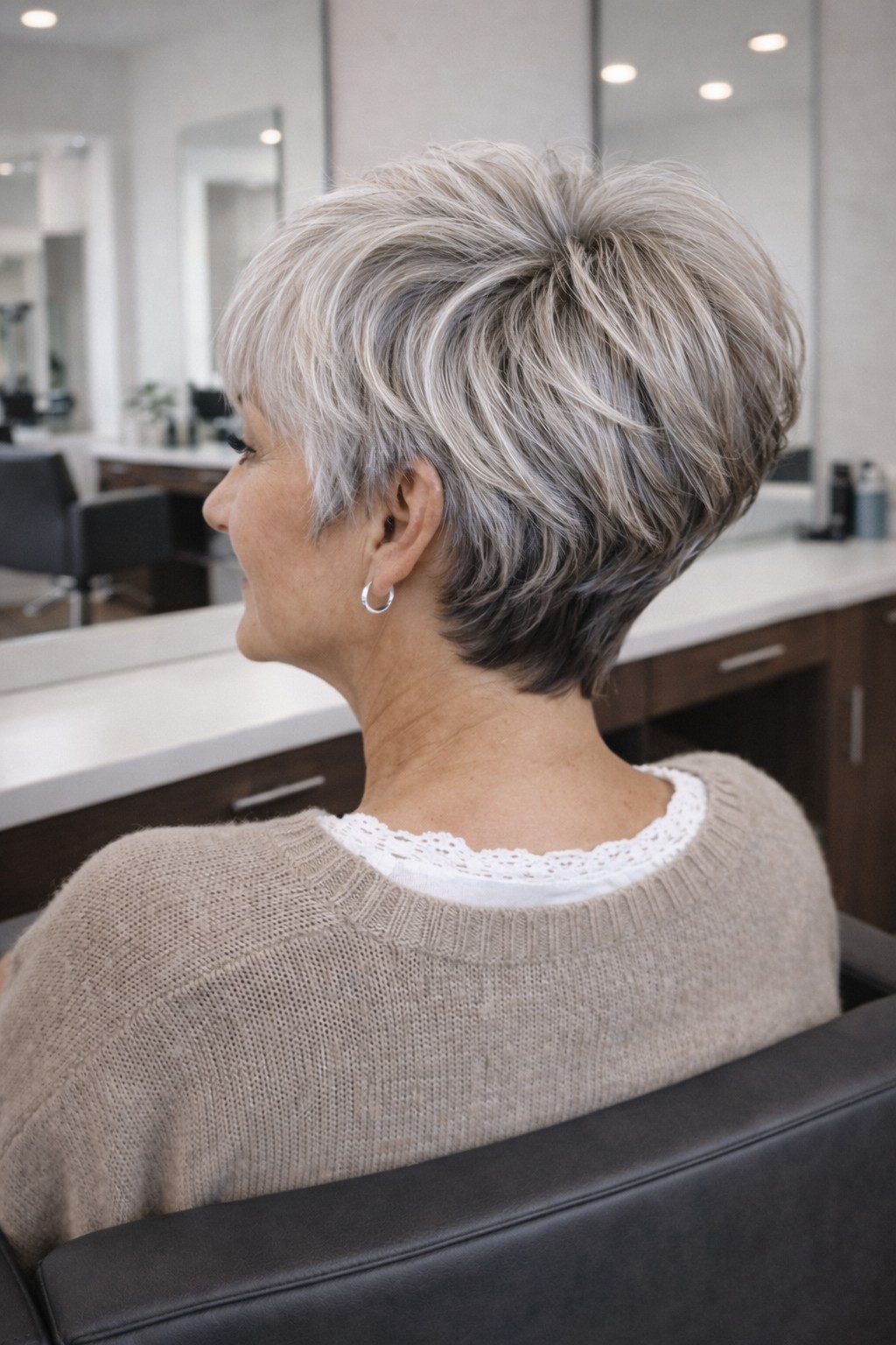 Stříbrný pixie cut, precizní střih